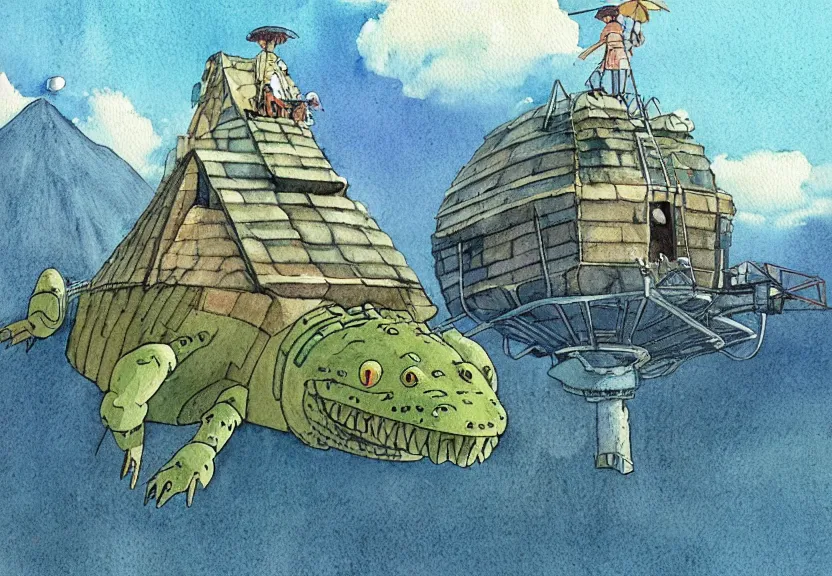 Image similar to a hyperrealist watercolor concept art from a studio ghibli film showing a giant beige mechanized crocodile from howl's moving castle ( 2 0 0 4 ). a pyramid is under construction in the background, in the rainforest on a misty and starry night. a ufo is in the sky. by studio ghibli