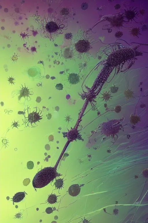 Image similar to microscopic life, protozoa, bacteria or microalgae, or complex and multicellular like copepods, photo, portrait, 3d, high details, intricate details, by vincent di fate, artgerm julie bell beeple, 90s, Smooth gradients, octane render, 8k, volumetric lightning, High contrast, duo tone, depth of field, very coherent symmetrical artwork