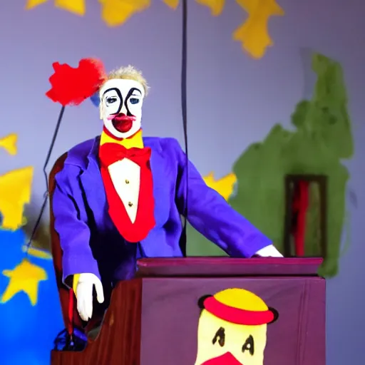 Prompt: puppet show of a string marionette of a president with clown makeup in a podium
