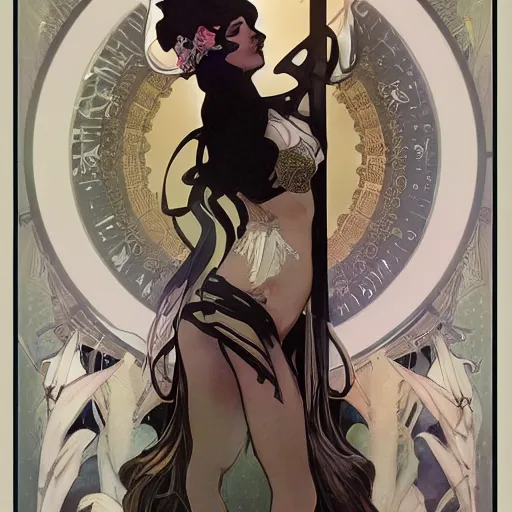 Prompt: deco art by artgerm, greg rutkowski and alphonse mucha. just one black tape project attctive showgirl. full body!! hd, 4 k, stage light. by