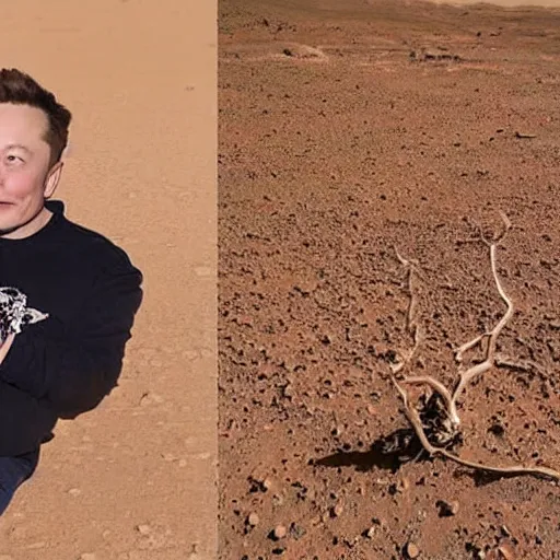 Image similar to elon musk sadly smoking weed while sitting under a tree on mars