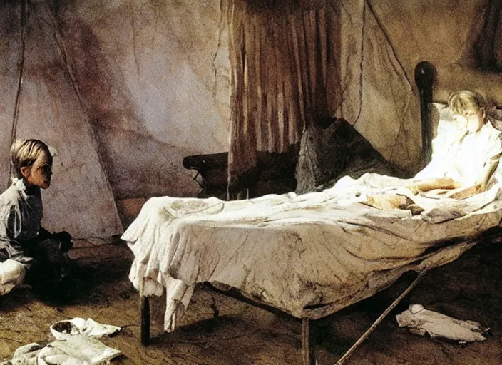 Image similar to poor child talking to an skinny teenager in a dirty makeshift hospital, painting by andrew wyeth and alan lee, very detailed, somber mood,