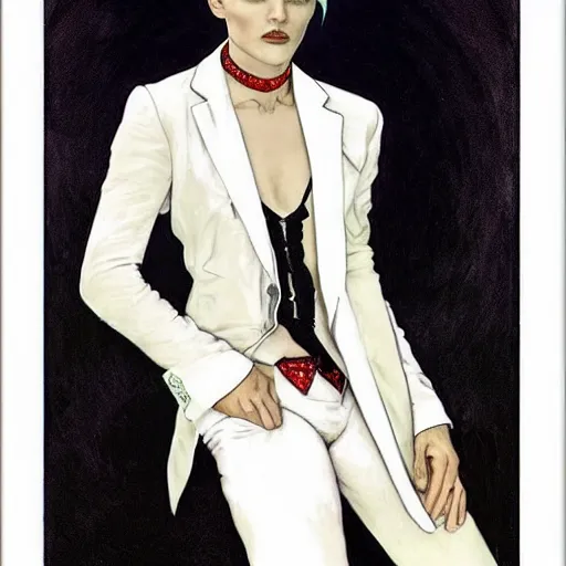 Image similar to fetching portrait of androgynous ruby rose as desire from sandman in a white tuxedo!!!, rockabilly style,, by alphonse mucha, by jeremy mann, by peter lindbergh, dave mckean, by frank moth, white suit and black tie, soft lightning, high detailed, 8 k