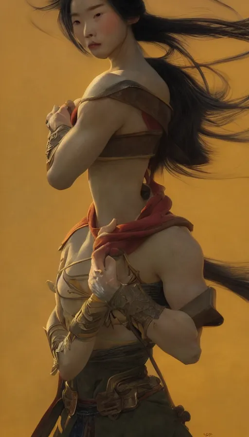 Image similar to epic masterpiece mulan, drama, sweaty skin, hyperrealistic, octane render, cinematic, beautiful face and flawless skin, perfect hands, 5 fingers, yellow by Edgar Maxence and Ross Tran and Michael Whelan and Lorenzo Sperlonga, Brom, Legends of Runeterra