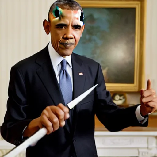 Prompt: obama holding a knife towards the camera