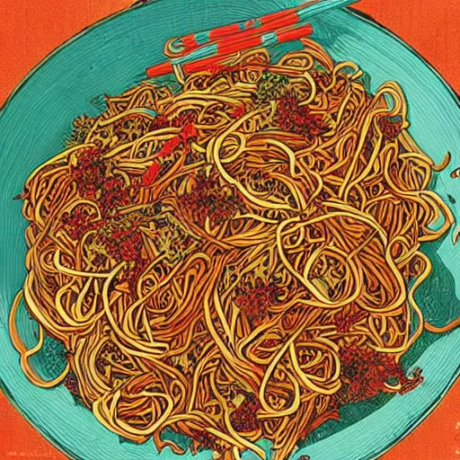 Prompt: sichuan noddles, very spicy, spices, by victo ngai