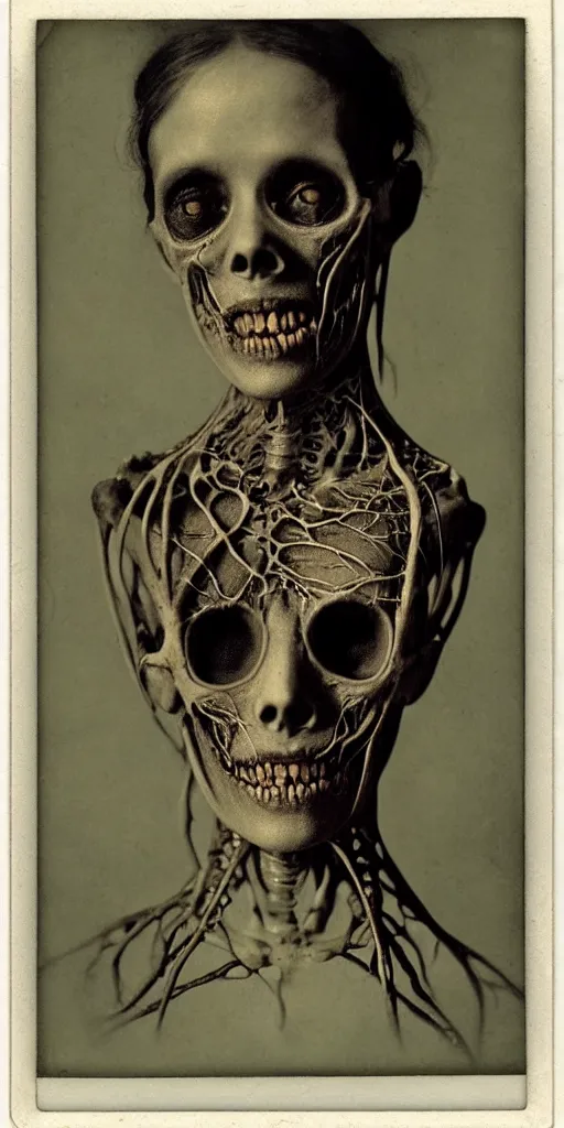 Image similar to an 1 9 1 0 polaroid photography of a very sad and detailed rotten woman corpse with fractal ornate growing around her face muscles, veins, arteries, bones, anatomical, skull, eye, ears, full body, intricate, surreal, ray caesar, john constable, guy denning, dan hillier, black and white