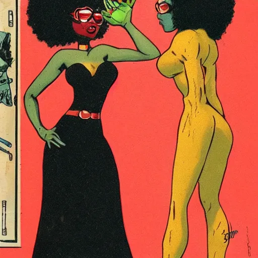 Prompt: nerdy black girl super hero , big red Afro , sexy red lips, tall and slim figured , black gown comic book style,