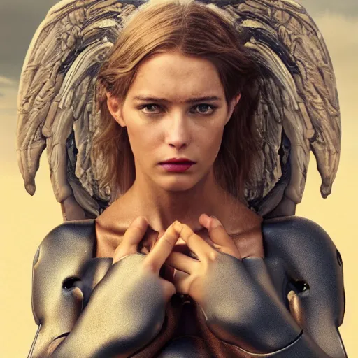 Prompt: UHD candid photo of a cyborg Angel, UHD, photorealistic, correct face, photo by Annie Leibowitz