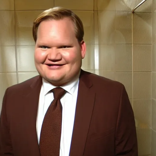 Prompt: Andy Richter is wearing a chocolate brown suit and necktie. Andy is standing inside a bathtub under a running shower. The suit and necktie are soaking wet.