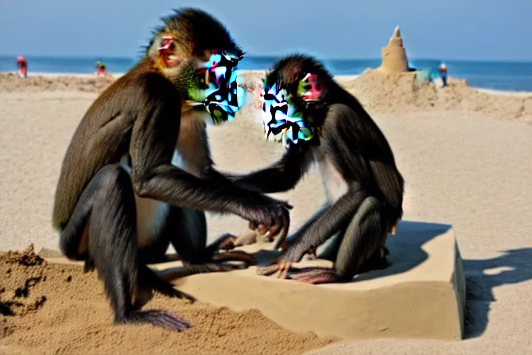 Image similar to a monkey touching a completed sand castle