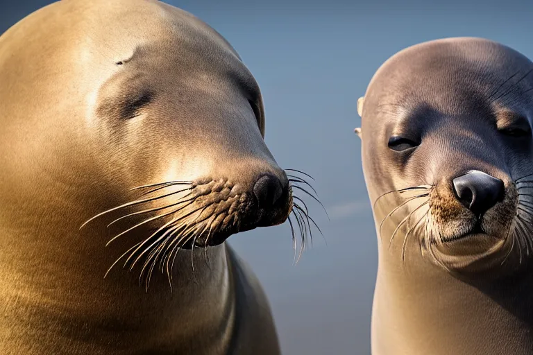 Prompt: professional photo of a sea lion body and canine wolf muzzle head strange chimera scientific