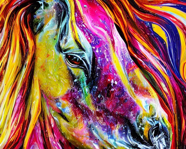 Prompt: still shot close up footage of the portrait of a horse head explodes and disintegrates into acrylic pour and splashing paint, motion blur, hyperrealistic, medical, intricate art photography, anatomically correct, realistic crisp textures, 1 6 k