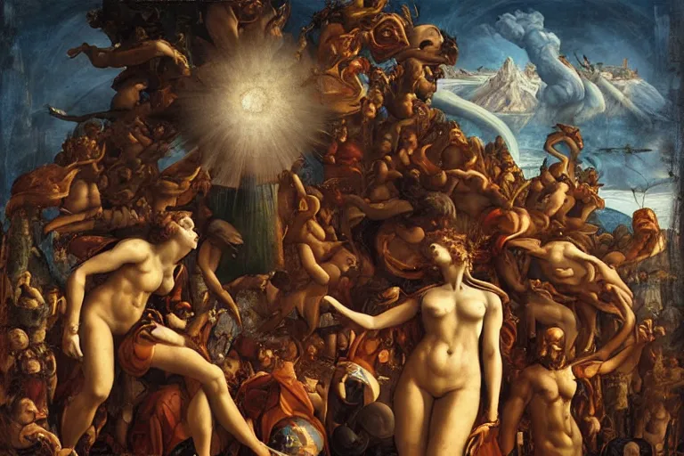 Image similar to an epic destructive nuclear explosion at renaissance florence italy during daylight in the style of michaelangelo, dino valls, peter mohrbacher, james jean, horror element, nightmare, beautiful, nuclear mushroom smoke