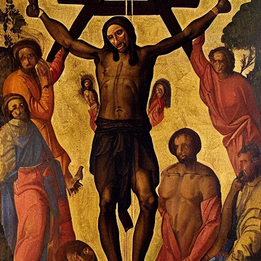 Image similar to Crucified Viktor Orban on the Golgota, renaissance oil painting,