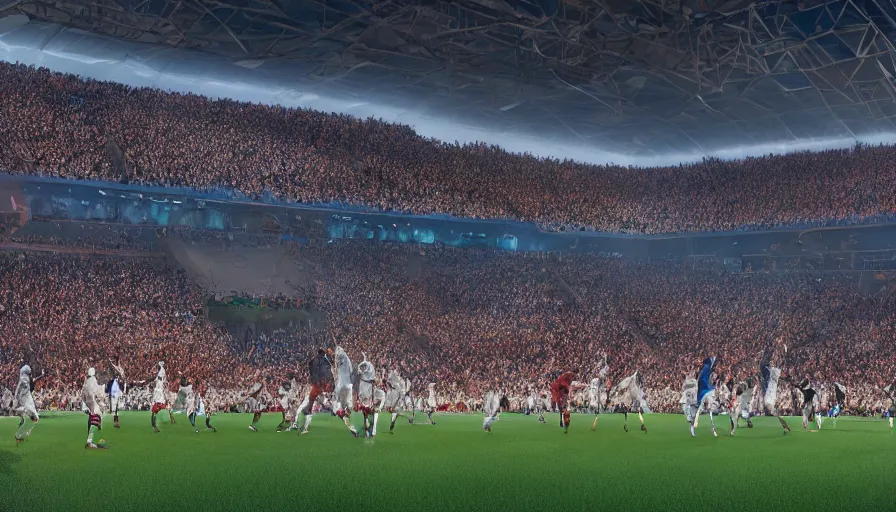 Prompt: 2 0 3 0 fifa world cup match, inside the crowded stadium, players on the field, hyperdetailed, artstation, cgsociety, 8 k