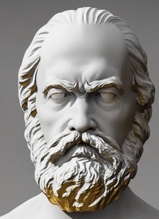 Image similar to a statue made of white marble with gold veins, of karl marx, transhumanism, full body shot, perfect symmetrical body, perfect symmetrical face, hyper realistic, hyper detailed, by johannen voss, by peter kemp, by monia merlo, by michelangelo, by ernst haeckel, by alex grey, octane render, blender, 8 k