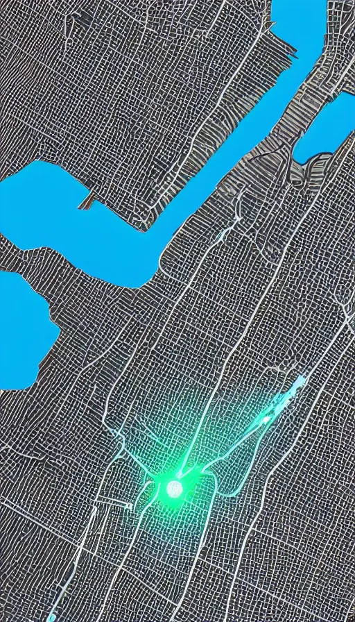 Prompt: Looking at a street map of Manhattan projection mapped onto the inside of my forearm skin, my own diverse arms coated in projection-mapped maps navigation UI laserbeams onto my hands, misty beams from my chest illuminating my hands in front of me