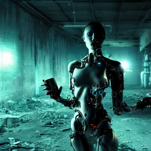 Prompt: stunning, breathtaking photo of a biomorphic female cyborg in a desolate abandoned post-apocalyptic industrial city at night, moody blue lighting, 8K