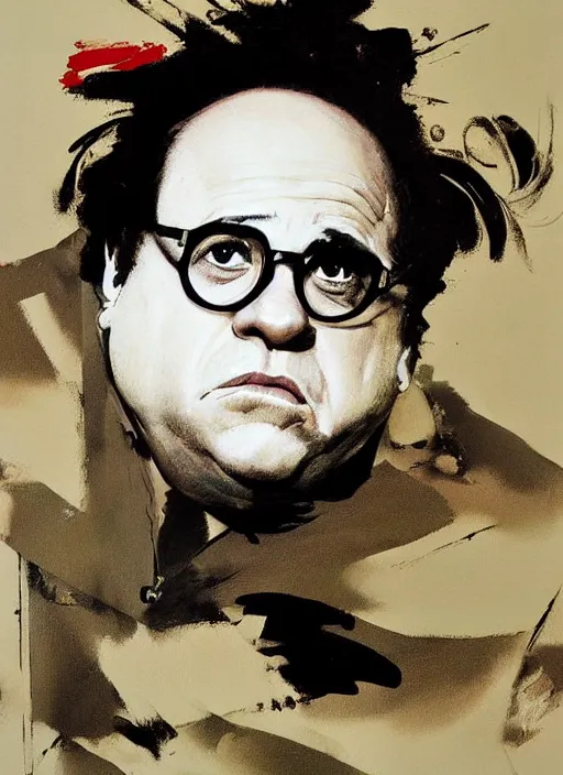 Image similar to danny devito painting by phil hale, francisco goya,'action lines '!!!, graphic style, visible brushstrokes, motion blur, blurry, hd image