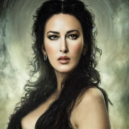 Prompt: majestic gracious regal aristocratic raven haired monica bellucci as the roman - greece vampire pandora portrait, indoors, atmospheric lighting, painted, intricate, volumetric lighting, beautiful, rich deep colours masterpiece, sharp focus, ultra detailed, by leesha hannigan, ross tran, thierry doizon, kai carpenter, ignacio fernandez rios