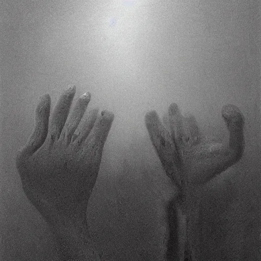 Image similar to hand and arm reaching out of thick fog, zdzislaw beksinski