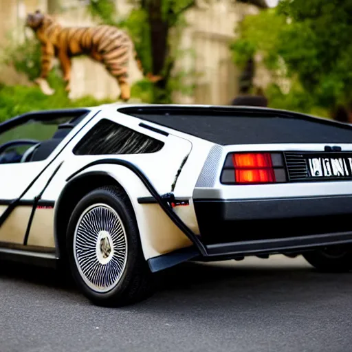 Prompt: a delorean with tiger skin print viynl rap,