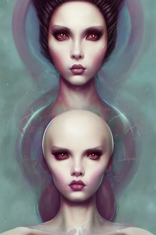 Prompt: portrait of an elegant alien blowfish woman queen, straight on portrait, by artgerm, tom bagshaw, gerald brom, vaporwave colors, lo - fi colors, vaporwave, lo - fi, moody vibe, goth vibe, 4 k, hd,