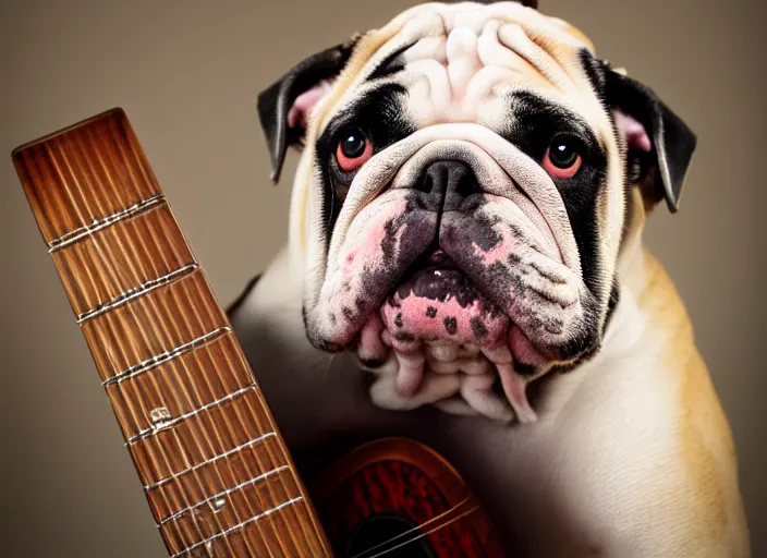 Image similar to a closeup, 4 5 mm, detailed photograph of a famous english bulldog rockstar holding a gitar, beautiful low light, 4 5 mm, by franz lanting