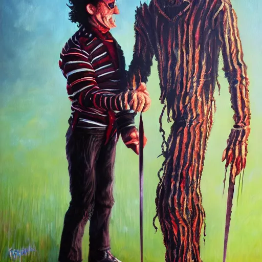 Image similar to Freddy Krueger shaking hands with Edward Scissorhands, oil painting, 8k, trending on artstation