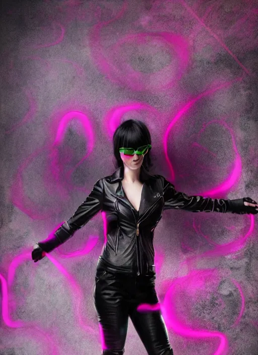 Image similar to a photo of 8 k ultra realistic a black haired female in high heels and a black leather jacket, pink, purple, green, yelow, red, blue, white neon, art by lise deharme