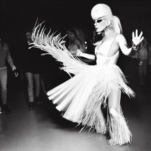 Image similar to Lady Gaga in the 70s disco dancing atmospheric lighting