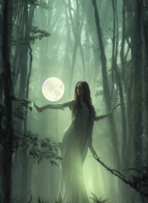 Prompt: leaves, cinematic lighting, realistic matte painting, close - up face portrait of a beautiful skinny woman as witch in front of the full big moon in a fantasy forest, by james gurney, greg rutkowski, highly detailed digital art, artstation