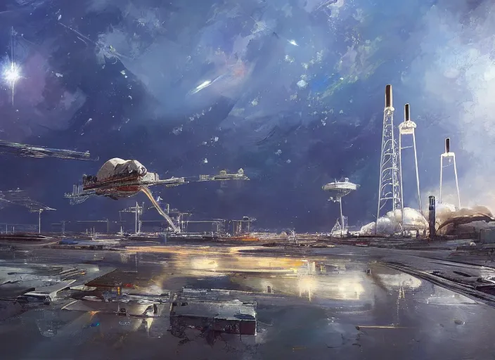 Prompt: SpaceX Big Base, concept art oil painting by Jama Jurabaev and John Berkey, extremely detailed, brush hard, artstation