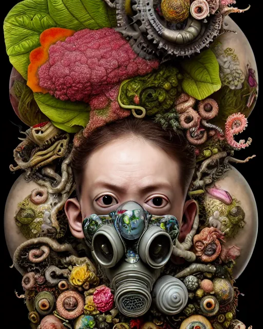 Prompt: a maximalist biomorphic portrait with with large eyes, expressive, wearing a botanical gas mask by arcimboldo, baroque painting by ayami kojima, mark ryden, cephalopod, mixed media 3 d collage, focus on head, soft light, 4 k, octane high quality render