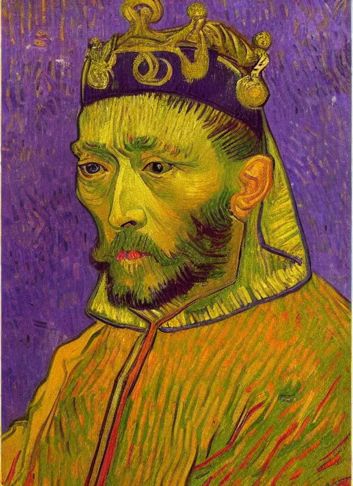 Image similar to detailed expressionist!! oil painting masterpiece portrait of an ancient emperor on his throne!! by van gogh, 8 k resolution, smooth, sharp focus, matte painting, beautiful masterpiece expressionist painting, greys and golds and purples