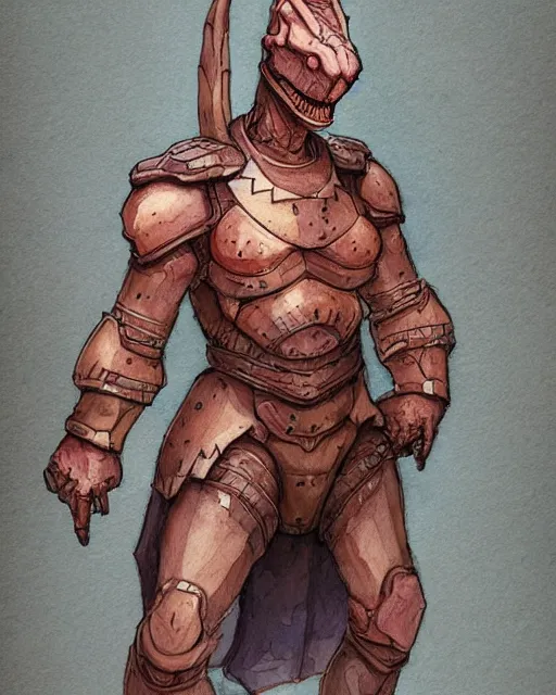 Image similar to a watercolor painting full body character portrait of a humanoid dinosaur paladin / cleric in the style of moebius in the style of leonard boyarsky trending on artstation deviantart pinterest furaffinity detailed photorealistic highlights and shadow hd 8 k post - processing high resolution