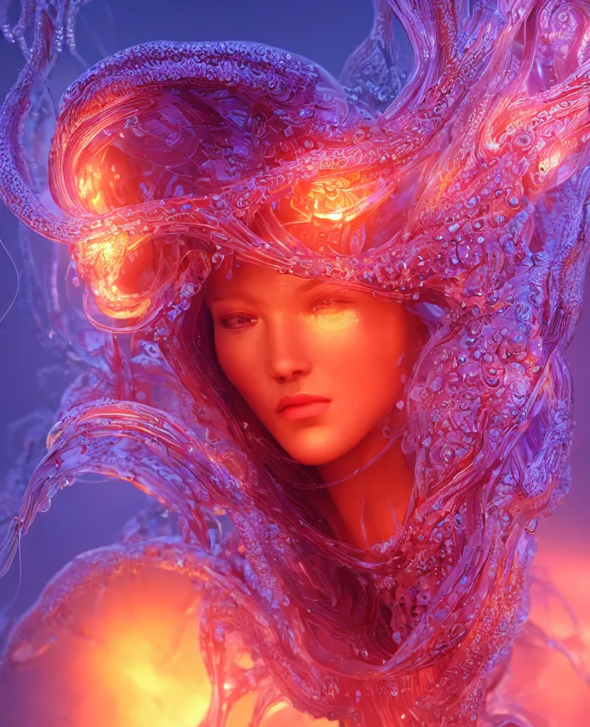 Image similar to close-up macro portrait of the face of a beautiful princess, epic angle and pose, symmetrical artwork, 3d with depth of field, blurred background, cybernetic jellyfish female face skull phoenix bird, translucent, nautilus, energy flows of water and fire. a highly detailed epic cinematic concept art CG render. made in Maya, Blender and Photoshop, octane render, excellent composition, cinematic dystopian brutalist atmosphere, dynamic dramatic cinematic lighting, aesthetic, very inspirational, arthouse. y Greg Rutkowski, Ilya Kuvshinov, WLOP, Stanley Artgerm Lau, Ruan Jia and Fenghua Zhong