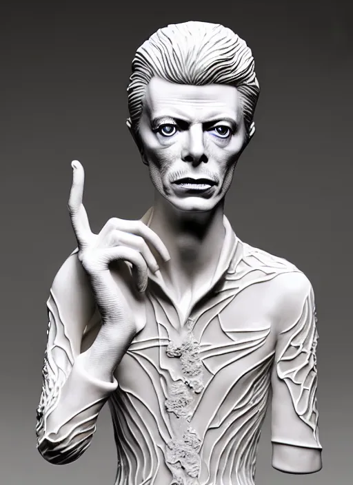 Image similar to David Bowie , A Close up photo-real delicate ceramic porcelain sculpture of a symmetrical ornate detailed in front of an intricate background by Victo Ngai and takato yamamoto, micro detail, backlit lighting, face in focus, subsurface scattering, translucent, thin porcelain, octane renderer, colorful, physically based rendering, japanese pottery, trending on cgsociety