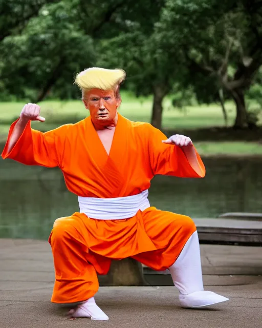 Image similar to award winning 5 5 mm portrait photo of trump as songoku, in a park. rule of thirds.