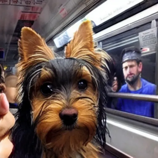 Prompt: yorkie dog taking a selfie in a subway train with angry homeless people behind him, realistic photo