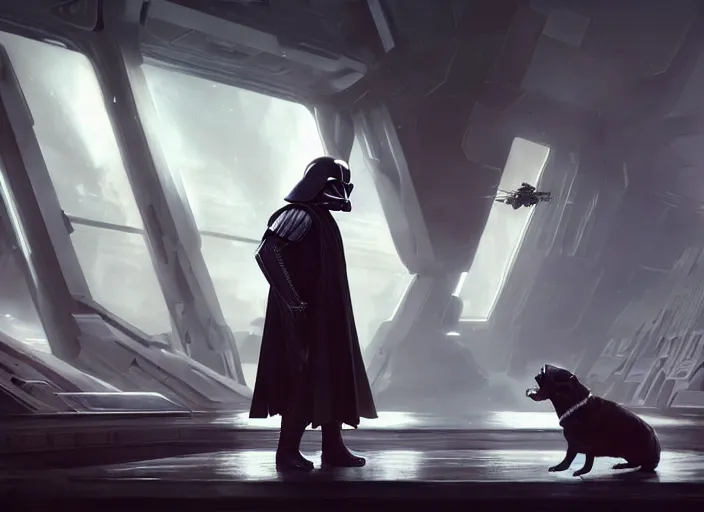 Image similar to a Photorealistic dramatic hyperrealistic render of darth vader facing off against a cute corgi, futuristic star wars vibe, by WLOP and Artgerm and Greg Rutkowski and Alphonse Mucha, Beautiful dynamic dramatic dark moody lighting, shadows, cinematic atmosphere, Artstation, concept design art, Octane render, 8K, masterpiece, sharp focus