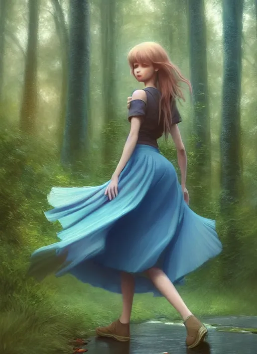 Image similar to young woman walking : : very short blue skirt : : magic raining forest nature : : weta disney pixar movie still photo : : decadent highly - detailed digital painting, full length shot, golden ratio, octane render, artstation, smooth, sharp focus, artgerm, mucha, loish, wlop, gogo