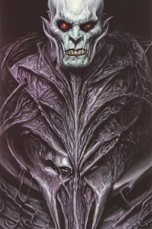 Image similar to portrait of vecna, drizzt, strahd von zarovich, sanguinius, asmodeus, orcus combined, painted by wayne barlowe