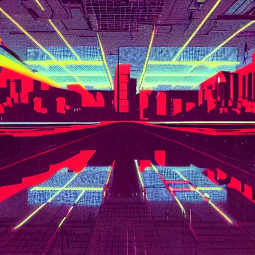 Image similar to 80's cyberpunk skyline, monolithic megastructures, beams of light, in the style of Akira