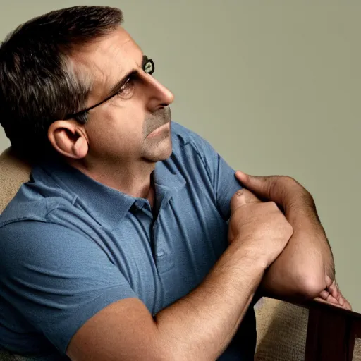 Prompt: steve carell having relaxing neck massage to relief his tender neck and he is listening someone belly