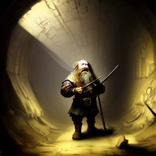 Prompt: a medieval fantasy dwarf standing inside of a mine tunnel, matte oil painting, by rembrandt, concept art, d & d, fantasy, fog, sharp focus, epic, award - winning, extremely detailed, 4 k, 8 k