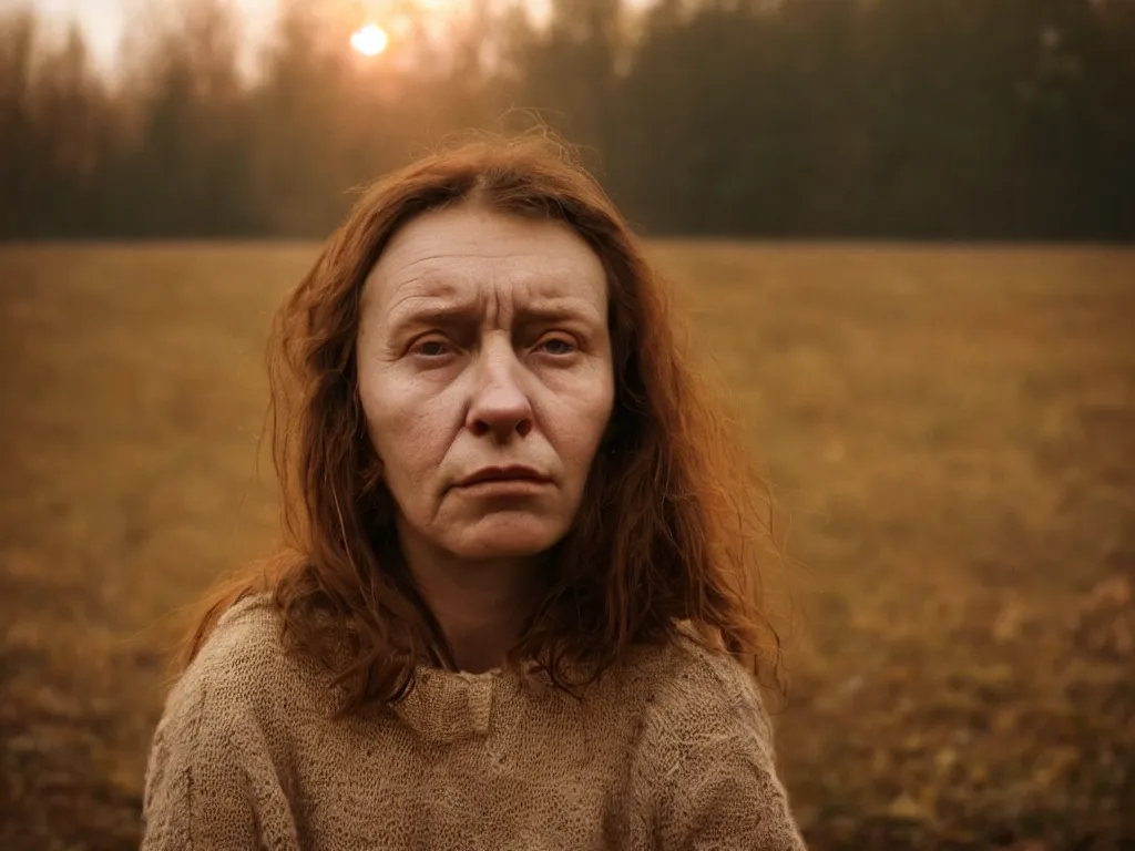 Prompt: close up portrait bust of woman sitting on fence, tired expression, faded color film, russian cinema, tarkovsky, technicolor, heavy forest, wood cabin in distance, shallow depth of field, long brown hair, old clothing, heavy fog, atmospheric haze, brown color palette, sunset, low light, hudson river school, 4 k, dramatic lighting