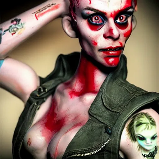 Image similar to ultra realistic painted sculpture of a very beautiful and attractive tank girl. waxwork. cinematic makeup. detailed lifelike. full body. jamie hewlett. beautiful. very attractive. wow. stunning. punk. comic