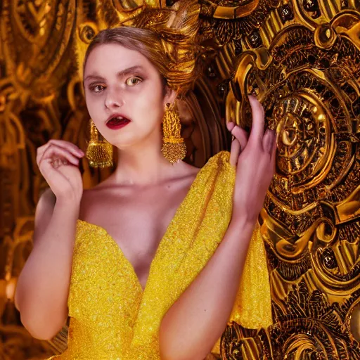 Prompt: portrait of bright yellow dress, glowing, ornate and intricate, jaw dropping beauty, glowing background lighting, white accent lighting, hyper detailed, 4 k octane render